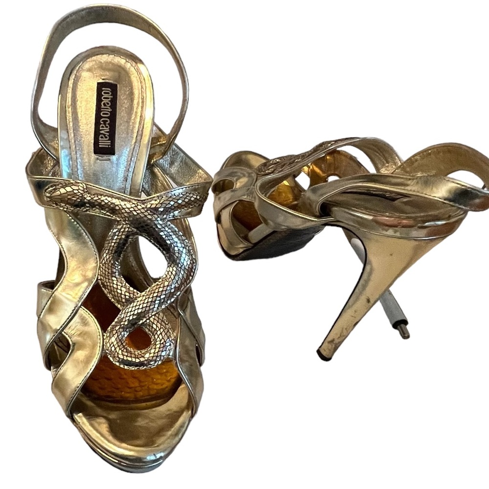 Roberto Cavalli size 10 gold metallic platform heels snake detail